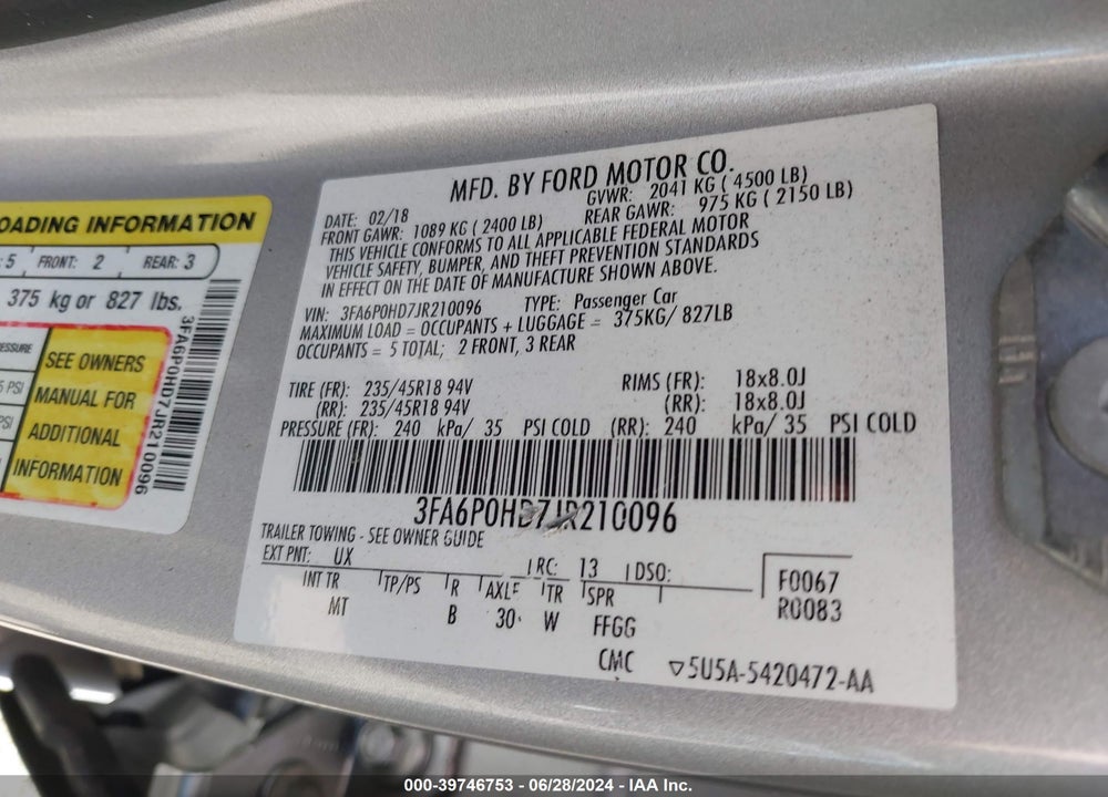 2018 FORD FUSION SE VIN: 3FA6P0HD7JR210096