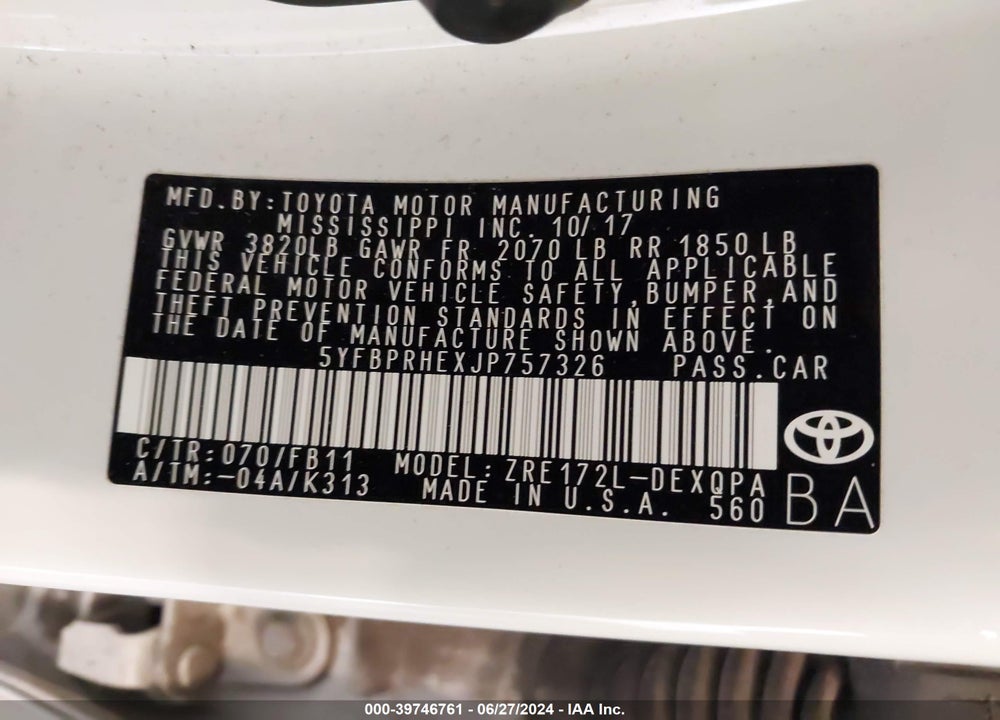 2018 TOYOTA COROLLA LE ECO VIN: 5YFBPRHEXJP757326