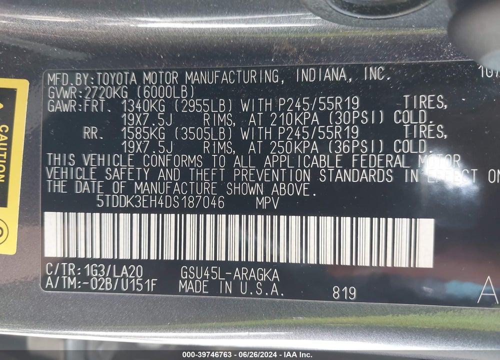 2013 TOYOTA HIGHLANDER VIN: 5TDDK3EH4DS187046