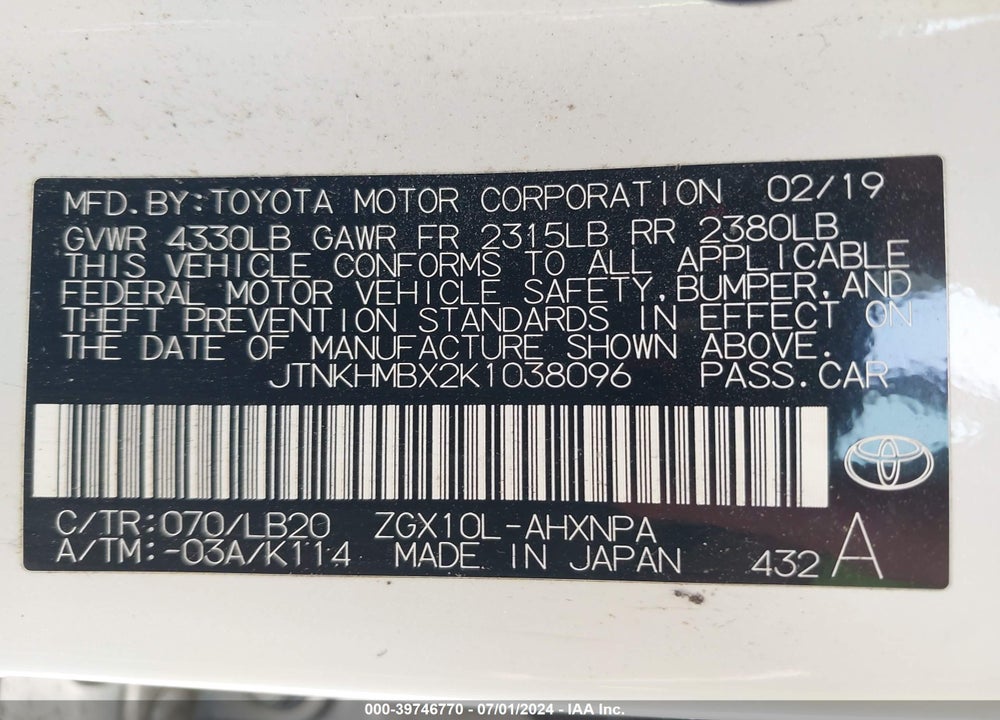 2019 TOYOTA C-HR LIMITED VIN: JTNKHMBX2K1038096