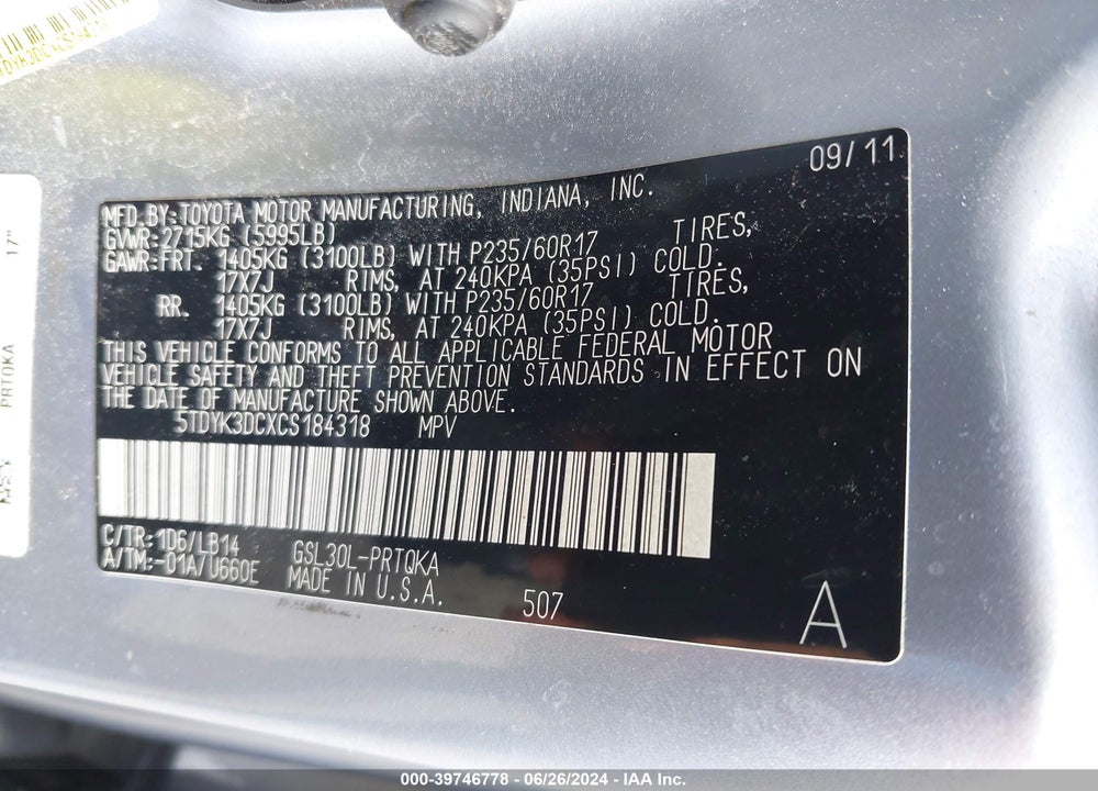2012 TOYOTA SIENNA XLE V6 8 PASSENGER VIN: 5TDYK3DCXCS184318