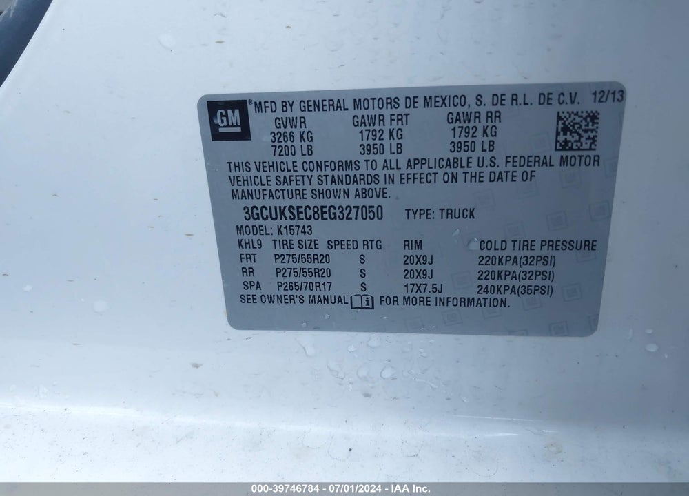 2014 CHEVROLET SILVERADO 1500 2LZ VIN: 3GCUKSEC8EG327050