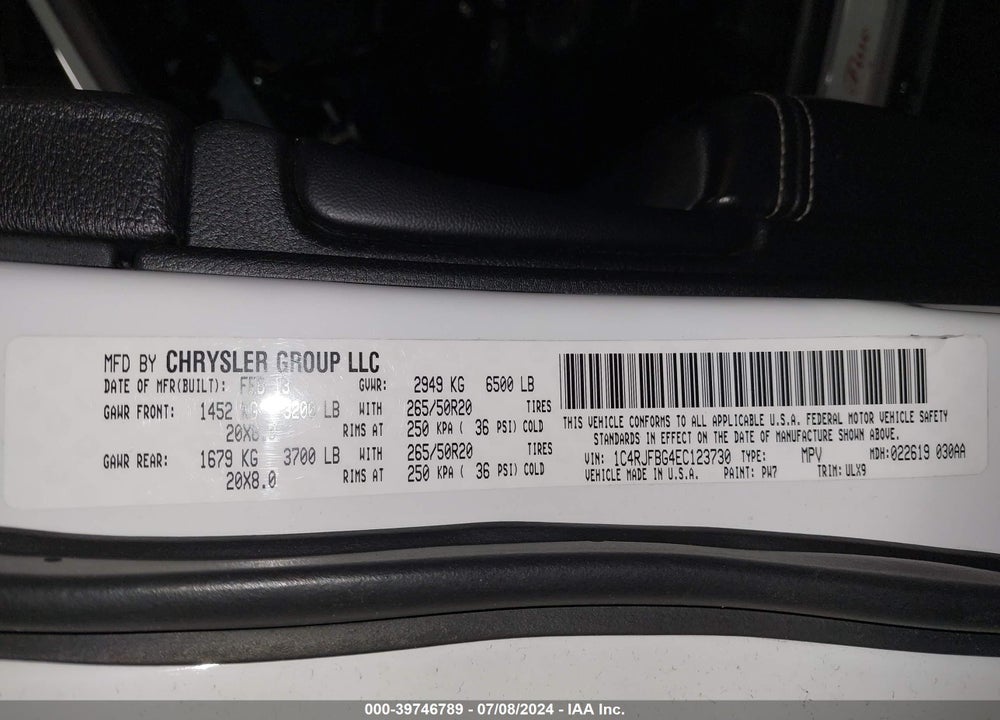 2014 JEEP GRAND CHEROKEE LIMITED VIN: 1C4RJFBG4EC123730