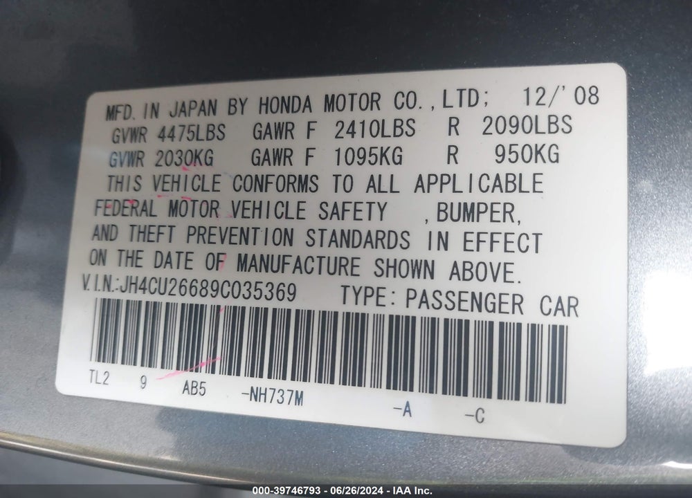 2009 ACURA TSX VIN: JH4CU26689C035369