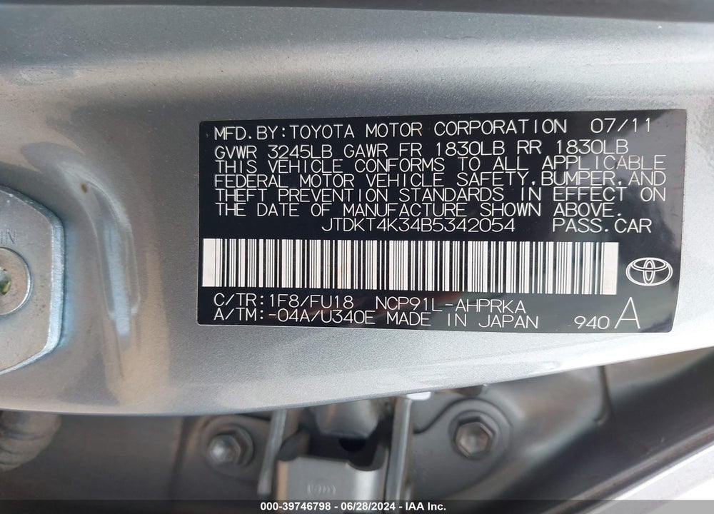 2011 TOYOTA YARIS VIN: JTDKT4K34B5342054