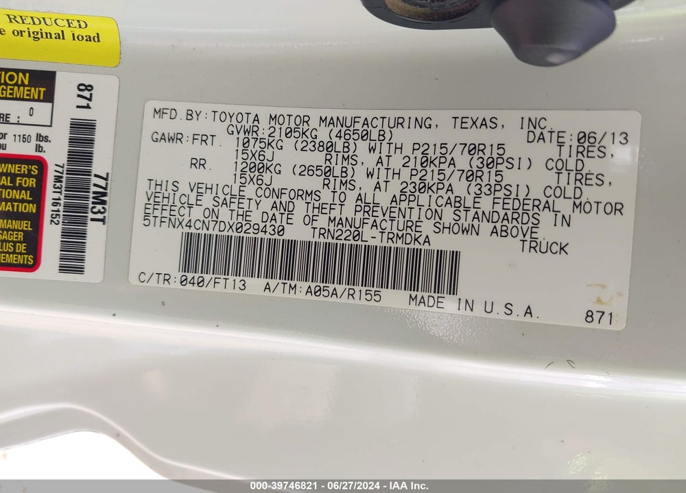 2013 TOYOTA TACOMA VIN: 5TFNX4CN7DX029430
