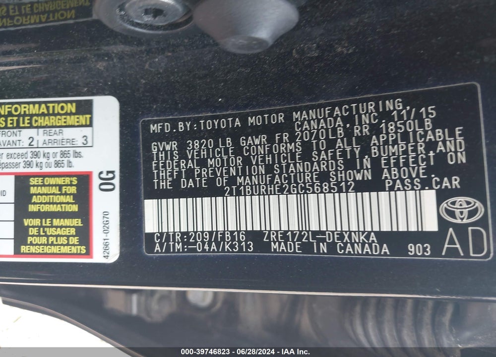 2016 TOYOTA COROLLA LE VIN: 2T1BURHE2GC568512
