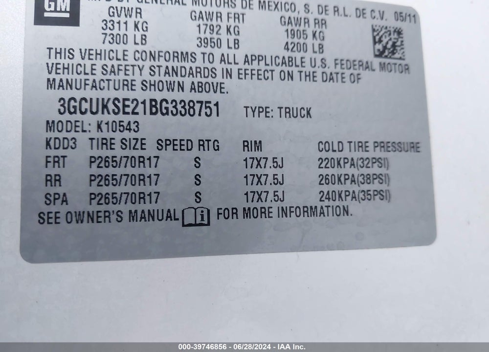 2011 CHEVROLET SILVERADO 1500 LT VIN: 3GCUKSE21BG338751