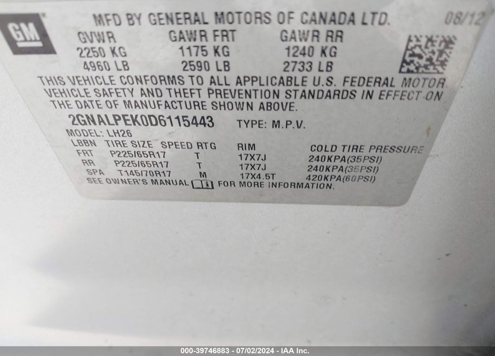 2013 CHEVROLET EQUINOX LT VIN: 2GNALPEK0D6115443