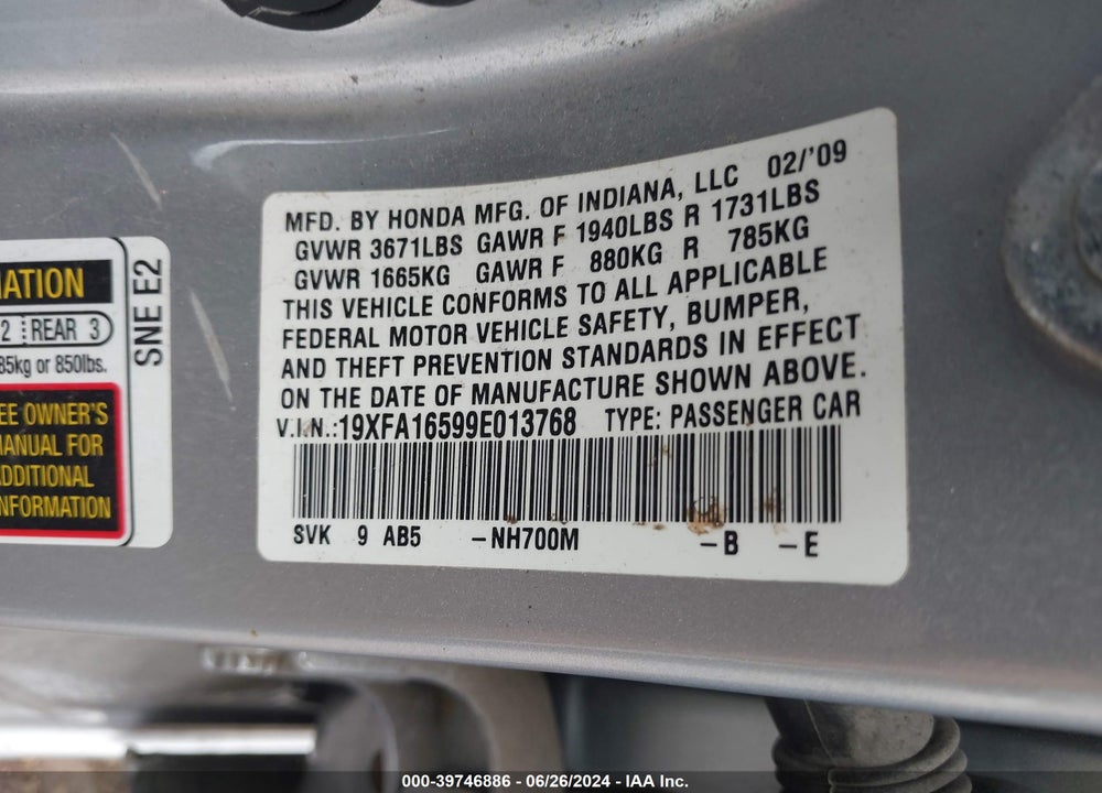 2009 HONDA CIVIC LX VIN: 19XFA16599E013768