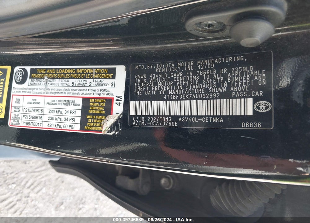 2010 TOYOTA CAMRY LE VIN: 4T1BF3EK7AU092992