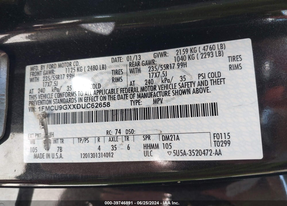 2013 FORD ESCAPE SE VIN: 1FMCU9GXXDUC62658