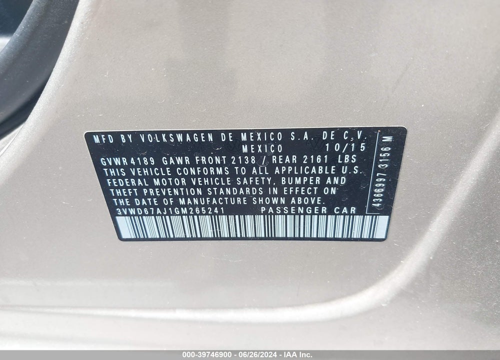 2016 VOLKSWAGEN JETTA 1.4T SE VIN: 3VWD67AJ1GM265241