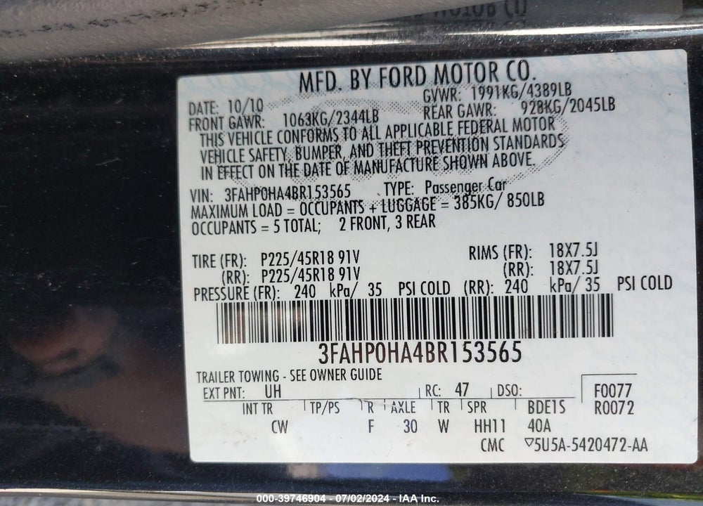 2011 FORD FUSION SE VIN: 3FAHP0HA4BR153565