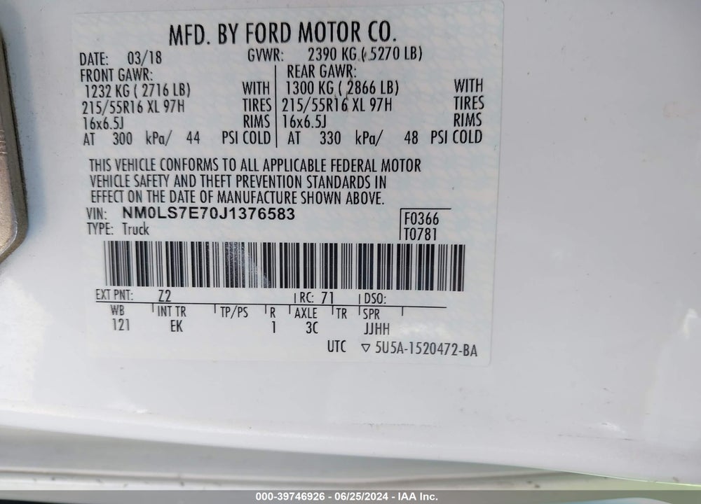 2018 FORD TRANSIT CONNECT XL VIN: NM0LS7E70J1376583