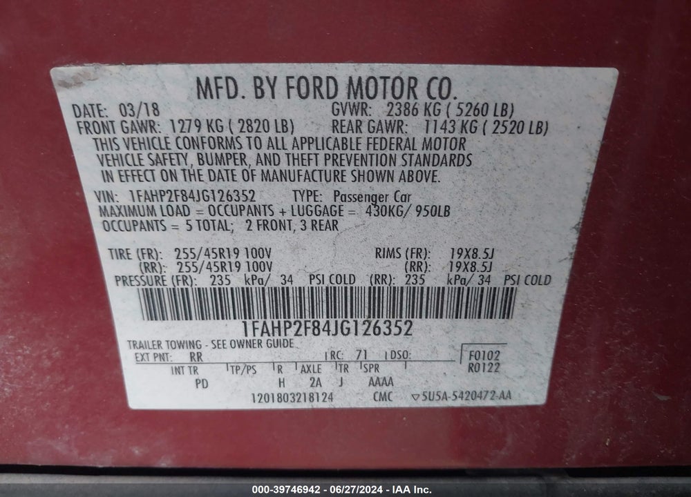 2018 FORD TAURUS LIMITED VIN: 1FAHP2F84JG126352