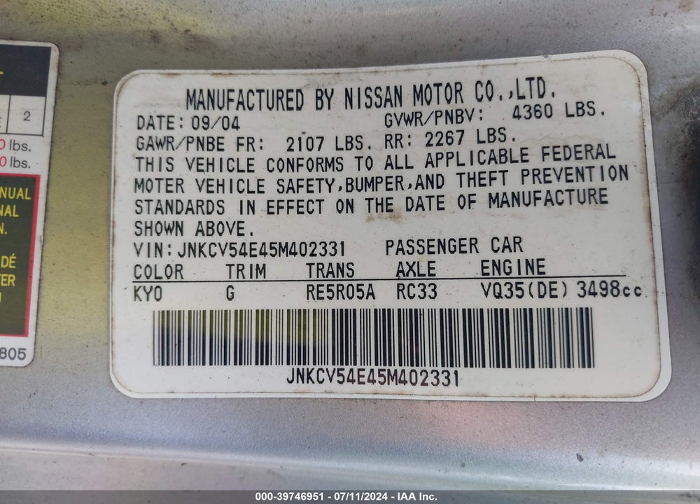 2005 INFINITI G35 VIN: JNKCV54E45M402331