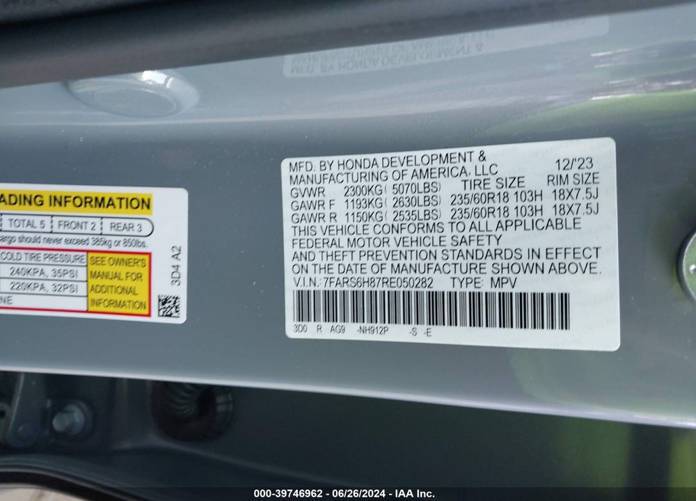 2024 HONDA CR-V HYBRID SPORT-L VIN: 7FARS6H87RE050282
