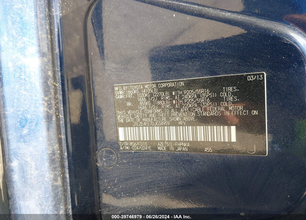 2013 SCION XB VIN: JTLZE4FE7DJ034959