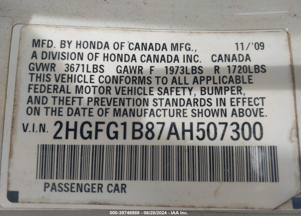 2010 HONDA CIVIC EX VIN: 2HGFG1B87AH507300