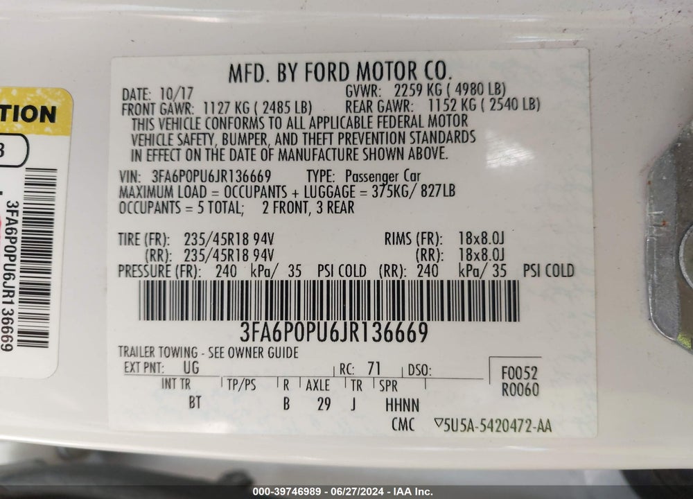 2018 FORD FUSION ENERGI SE LUXURY VIN: 3FA6P0PU6JR136669