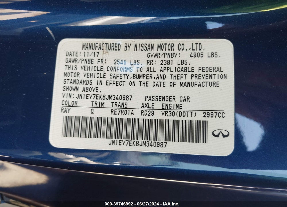 2018 INFINITI Q60 3.0T LUXE VIN: JN1EV7EK8JM340987