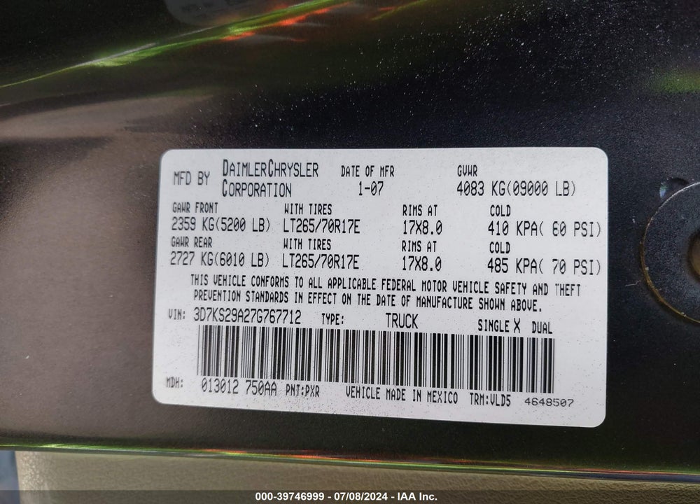 2007 DODGE RAM 2500 LARAMIE VIN: 3D7KS29A27G767712