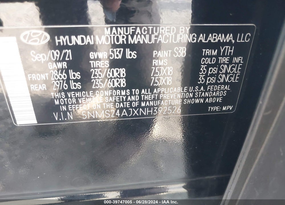 2022 HYUNDAI SANTA FE SEL VIN: 5NMS24AJXNH392526