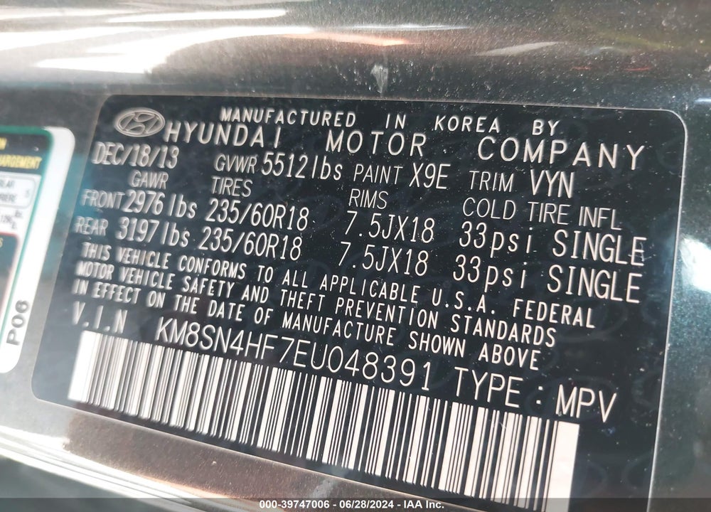 2014 HYUNDAI SANTA FE GLS VIN: KM8SN4HF7EU048391