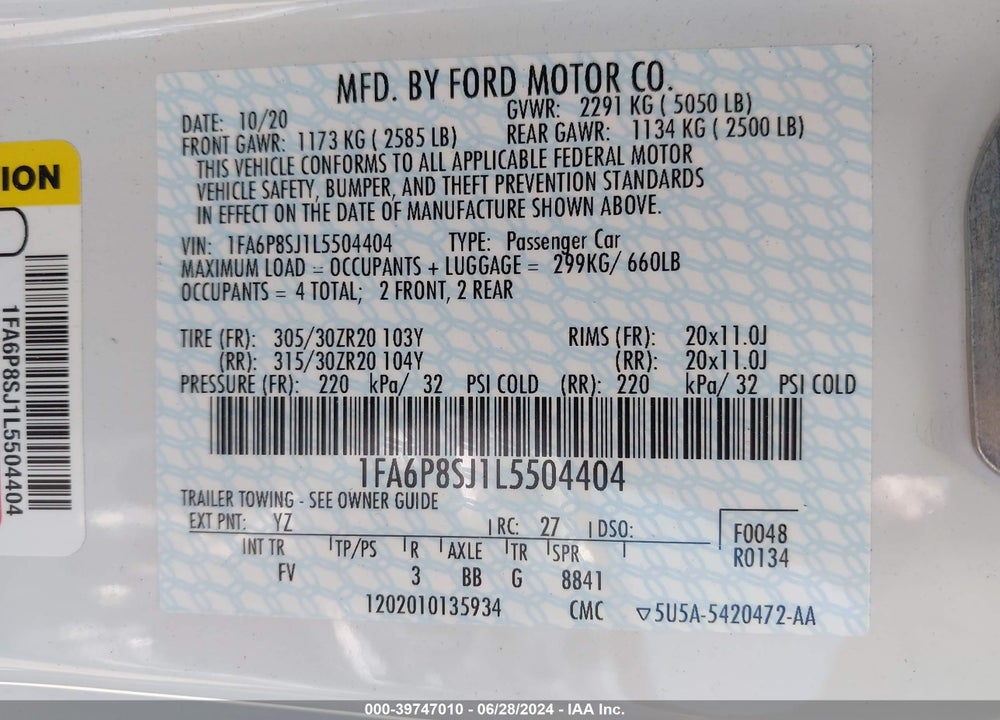 2020 FORD MUSTANG SHELBY GT500 FASTBACK VIN: 1FA6P8SJ1L5504404