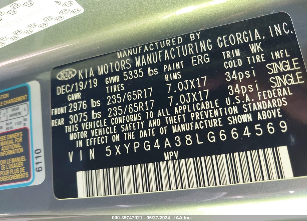 2020 KIA SORENTO 2.4L L VIN: 5XYPG4A38LG664569