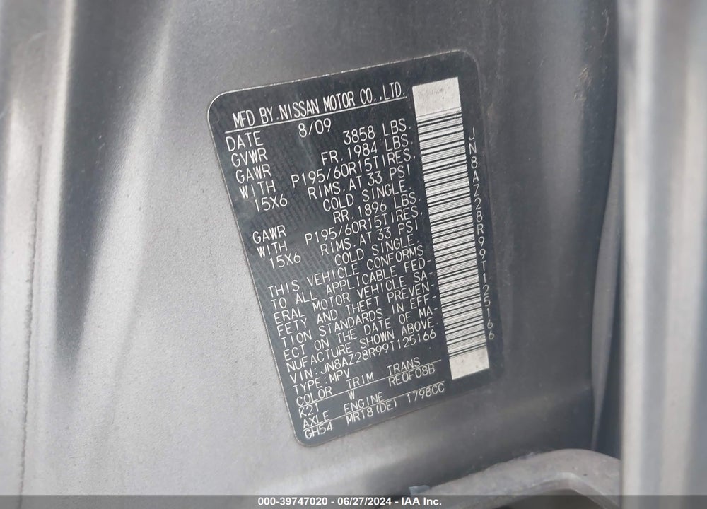 2009 NISSAN CUBE 1.8S VIN: JN8AZ28R99T125166