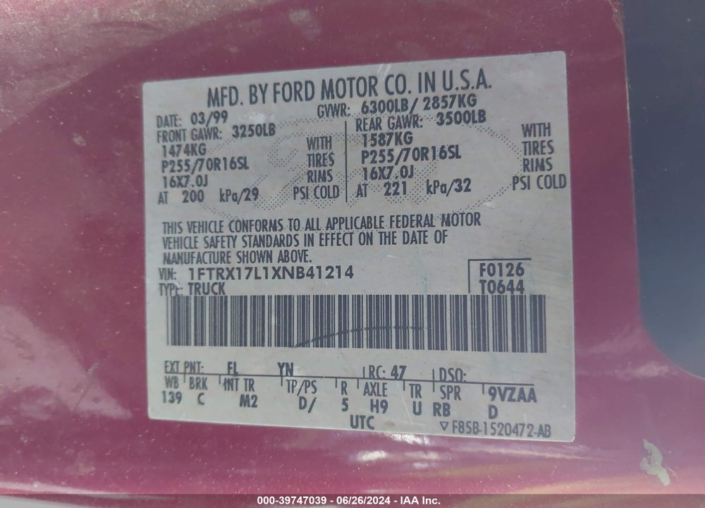 1999 FORD F-150 LARIAT/XL/XLT VIN: 1FTRX17L1XNB41214