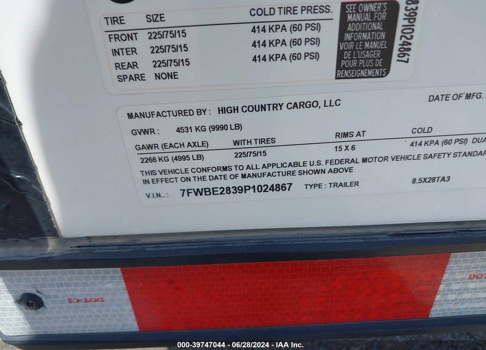 2023 HIGH COUNTRY CARGO, 8.5X28TA3 VIN: 7FWBE2839P1024867