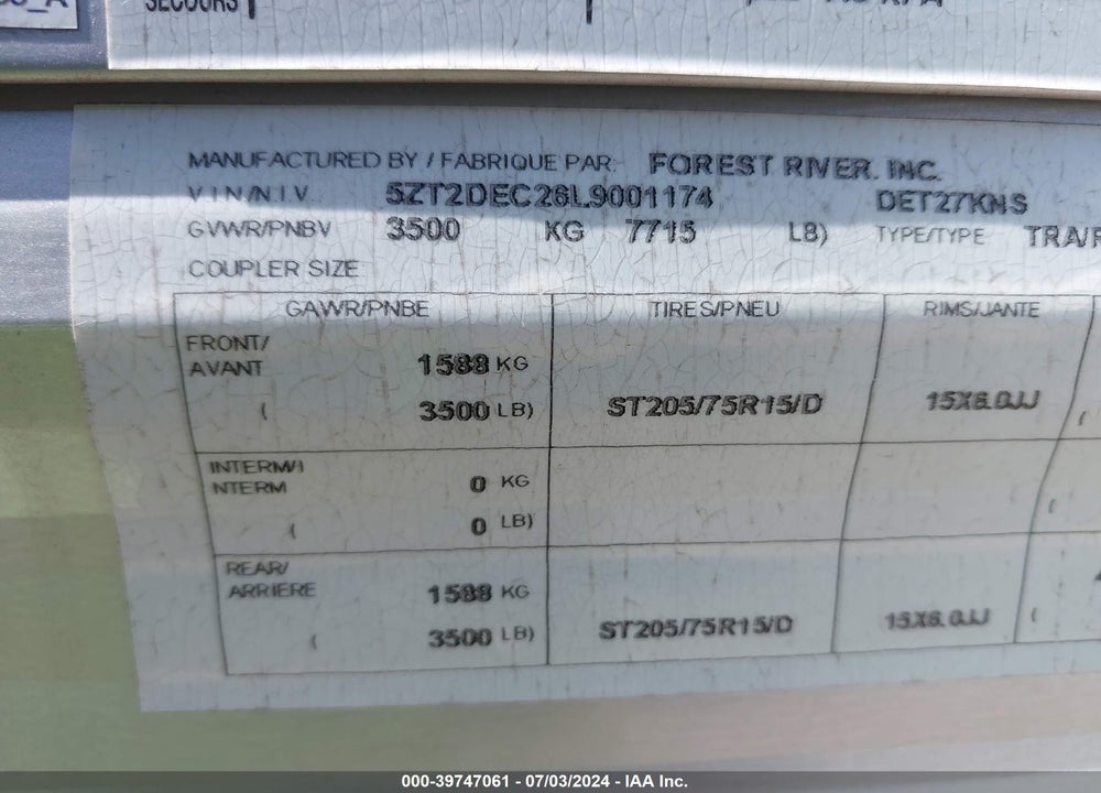 2020 FOREST RIVER EAST WEST VIN: 5ZT2DEC26L9001174