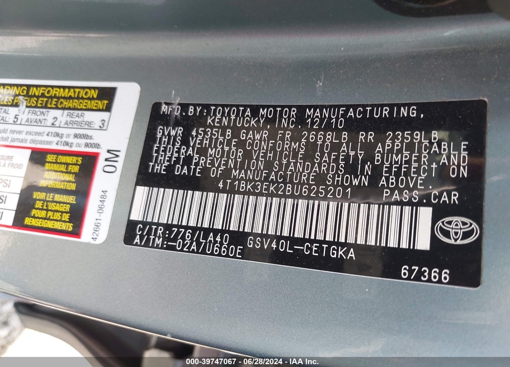 2011 TOYOTA CAMRY XLE V6 VIN: 4T1BK3EK2BU625201