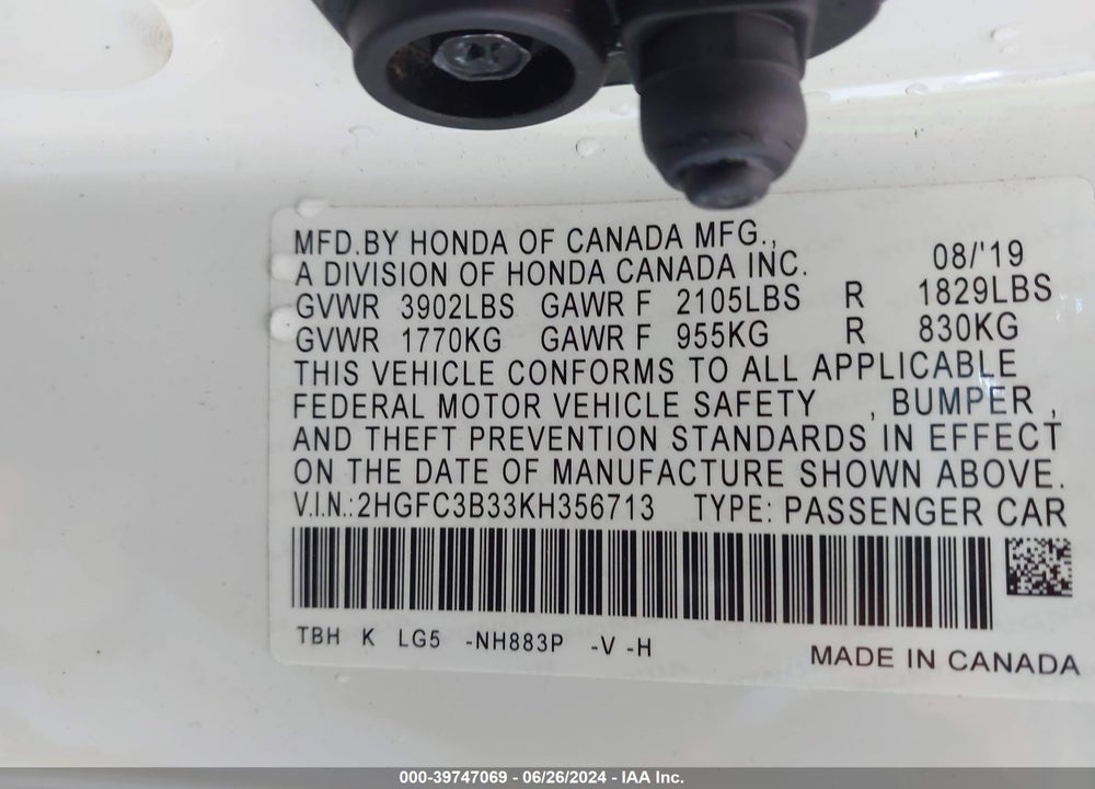 2019 HONDA CIVIC EX VIN: 2HGFC3B33KH356713