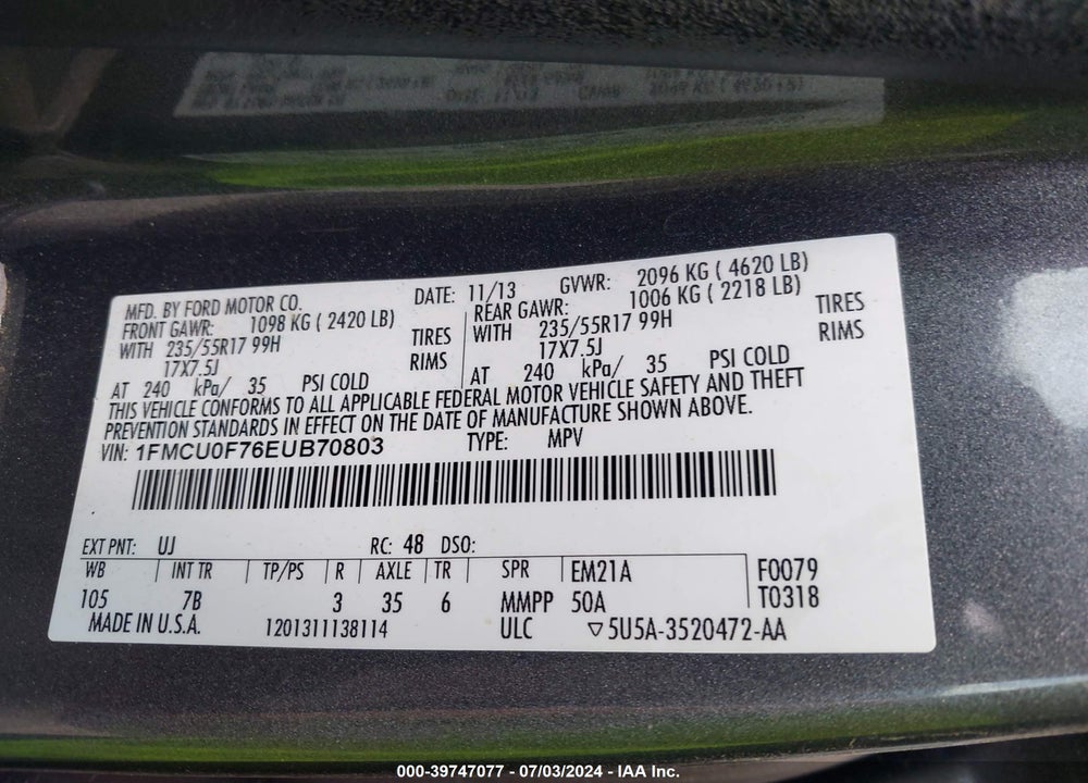 2014 FORD ESCAPE S VIN: 1FMCU0F76EUB70803