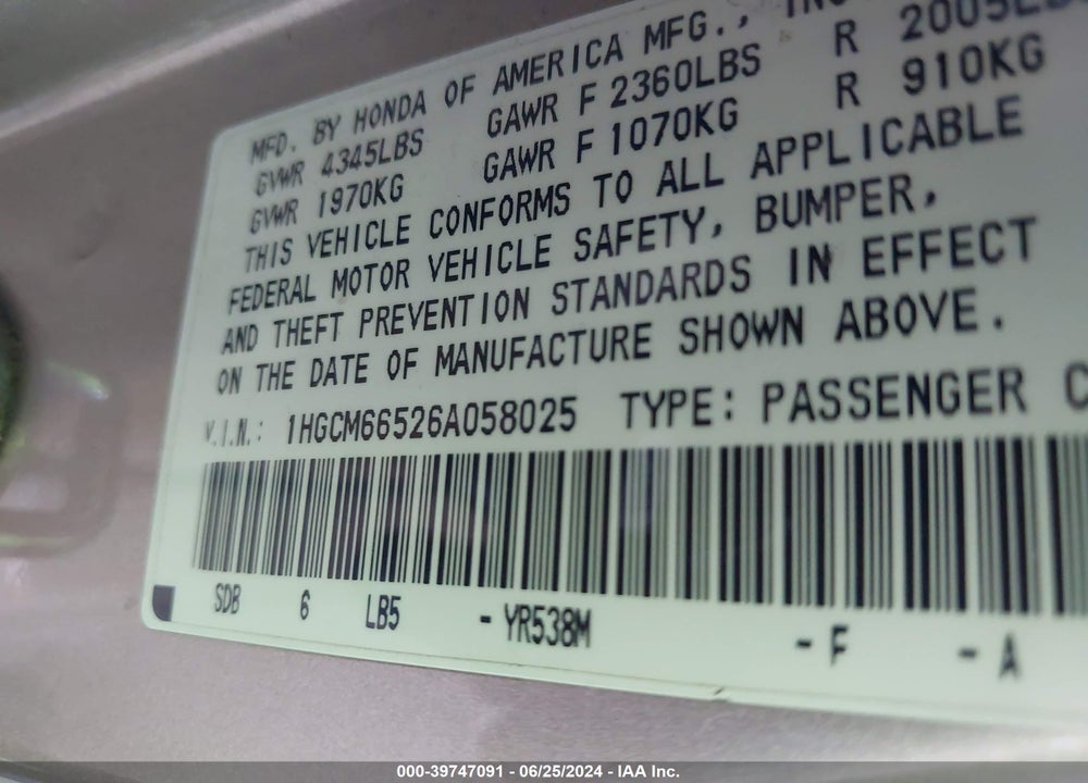 2006 HONDA ACCORD VIN: 1HGCM66526A058025