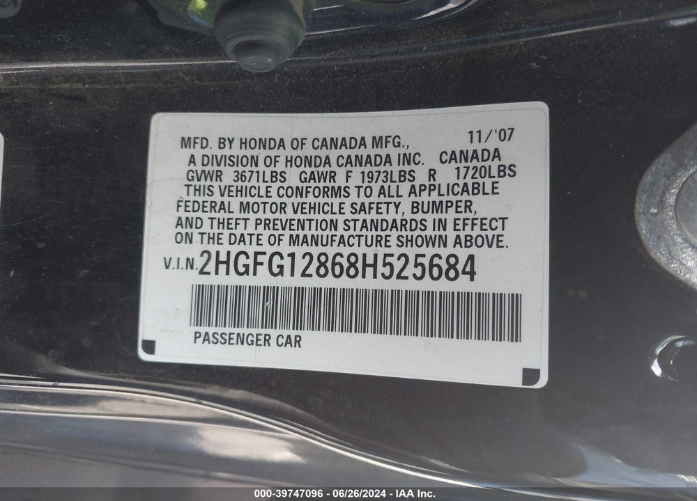 2008 HONDA CIVIC EX VIN: 2HGFG12868H525684