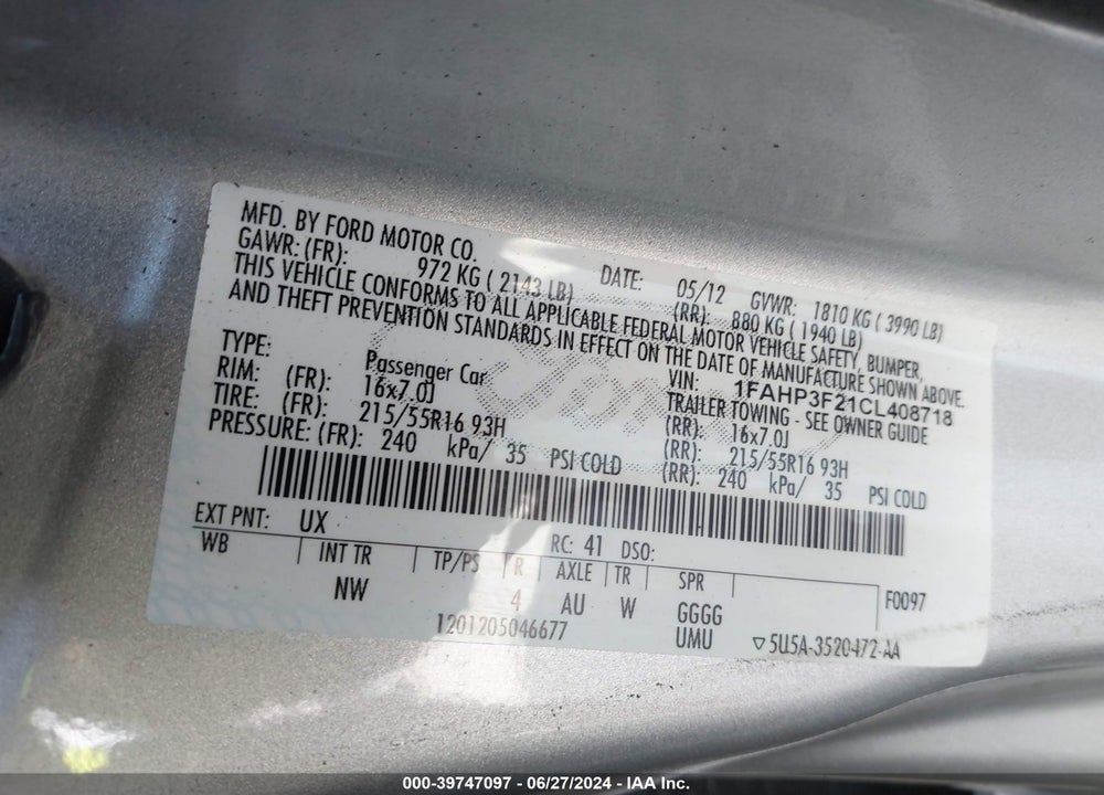 2012 FORD FOCUS SE VIN: 1FAHP3F21CL408718