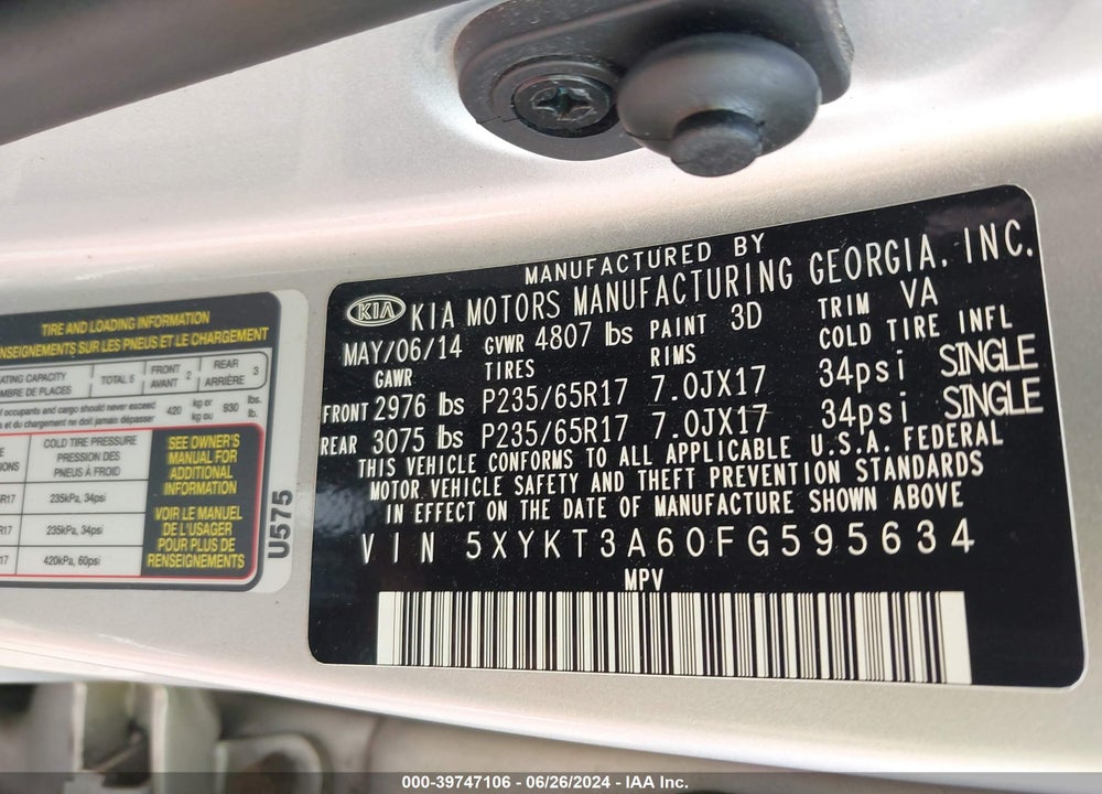 2015 KIA SORENTO LX VIN: 5XYKT3A60FG595634
