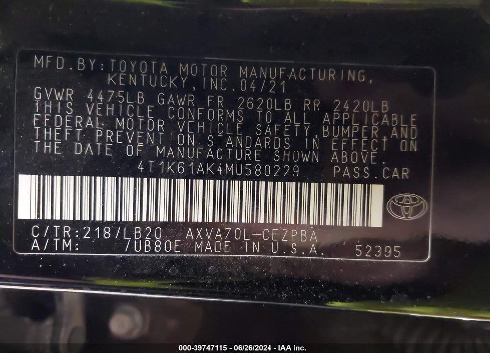 2021 TOYOTA CAMRY XSE VIN: 4T1K61AK4MU580229