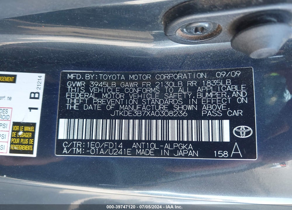 2010 SCION TC VIN: JTKDE3B7XA0308236