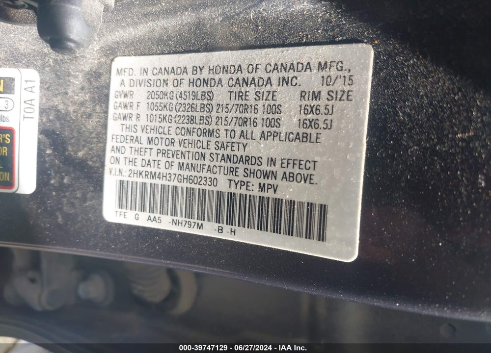 2016 HONDA CR-V LX VIN: 2HKRM4H37GH602330