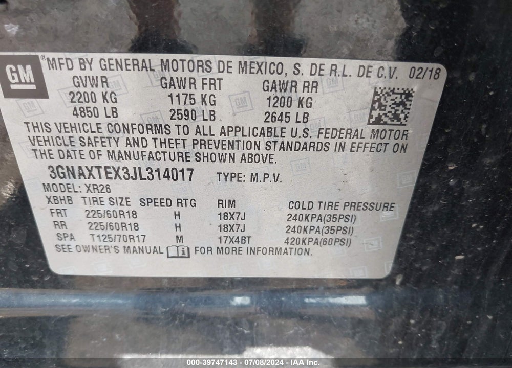 2018 CHEVROLET EQUINOX LT VIN: 3GNAXTEX3JL314017