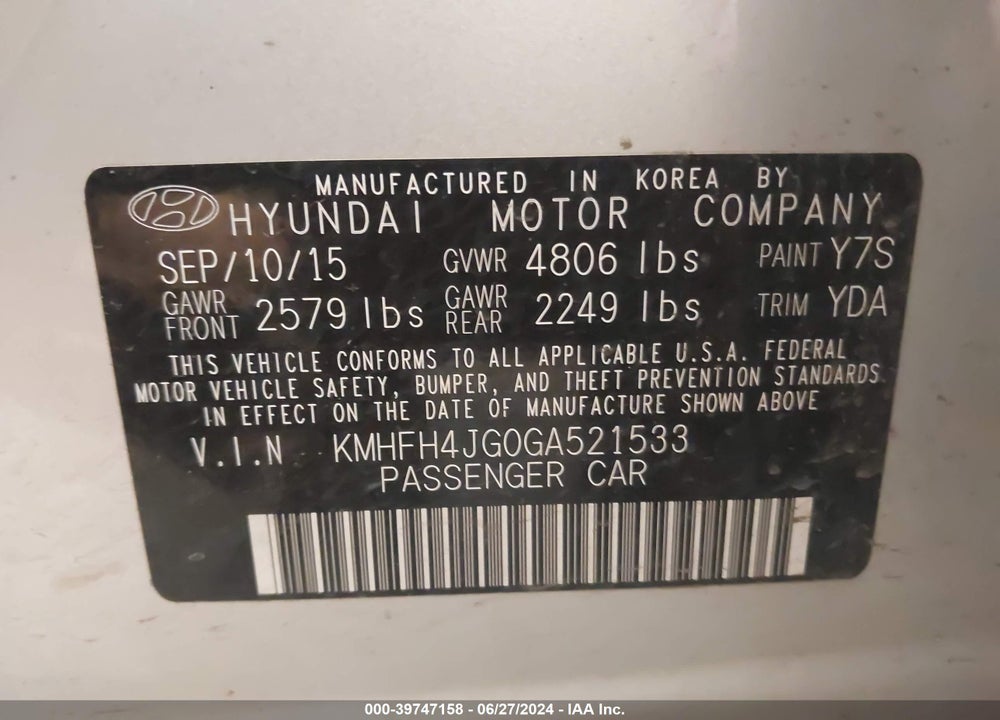 2016 HYUNDAI AZERA LIMITED VIN: KMHFH4JG0GA521533