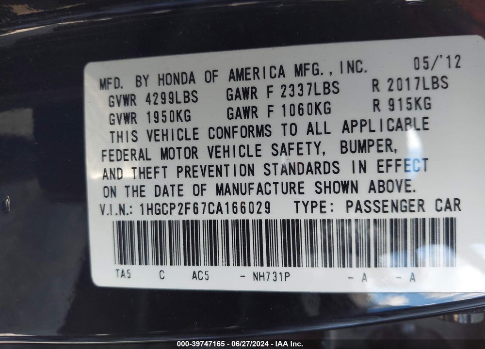 2012 HONDA ACCORD 2.4 SE VIN: 1HGCP2F67CA166029