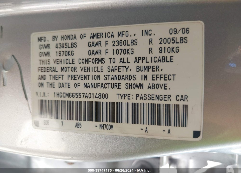 2007 HONDA ACCORD 3.0 EX VIN: 1HGCM66557A014800