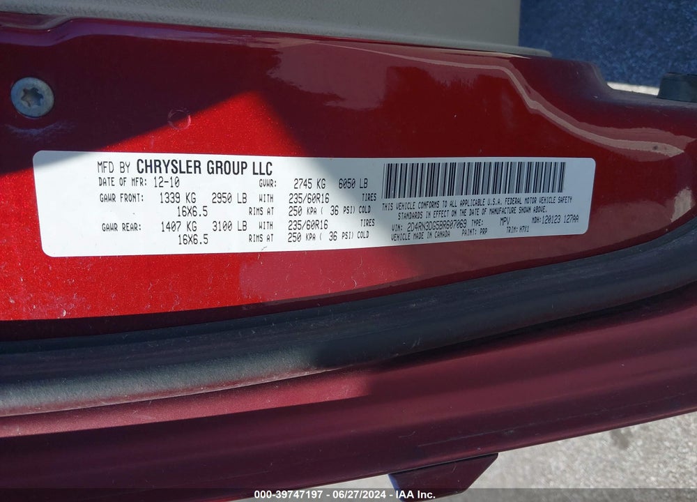 2011 DODGE GRAND CARAVAN MAINSTREET VIN: 2D4RN3DG5BR607069
